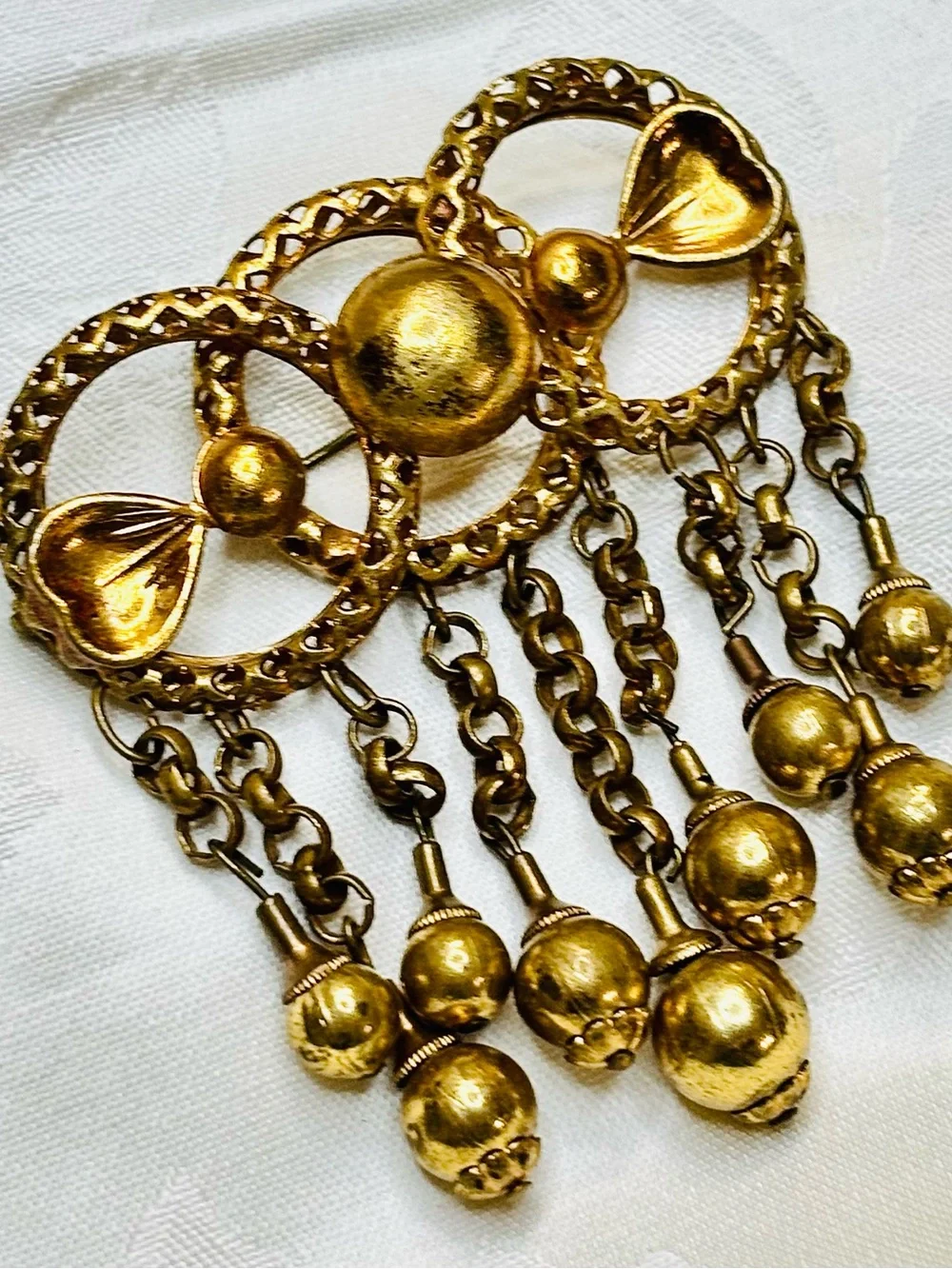 Antique Victorian-Revival 30’s Ornate C-clasp Brass Floral Filigree Brooch